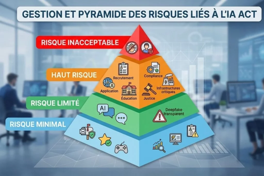 Pyramide représentant les quatre niveaux de risque de l'AI Act, risque inacceptable, haut risque, risque limité et risque minimal