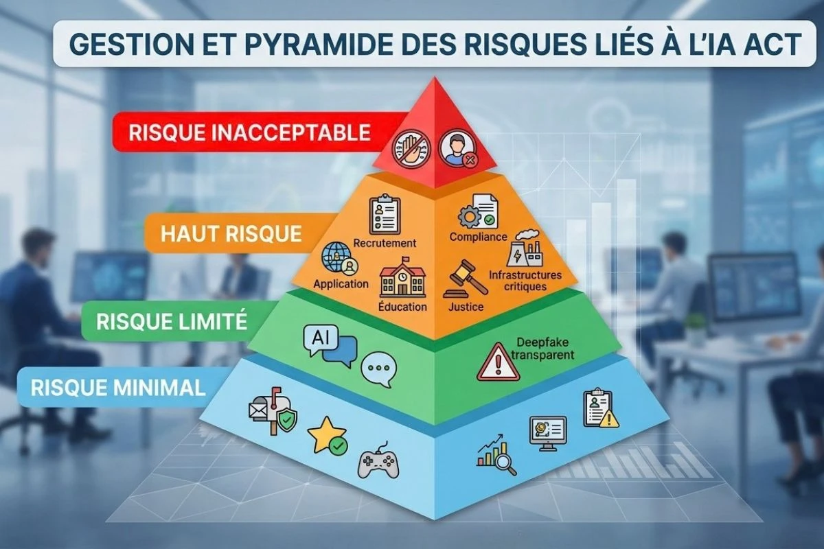 Pyramide représentant les quatre niveaux de risque de l'AI Act, risque inacceptable, haut risque, risque limité et risque minimal