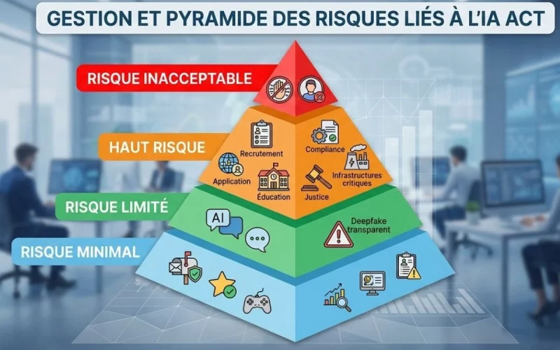 Pyramide représentant les quatre niveaux de risque de l'AI Act, risque inacceptable, haut risque, risque limité et risque minimal