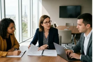 Équipe en réunion analysant la mise en place d'un système de management ISO 37001 dans l'entreprise
